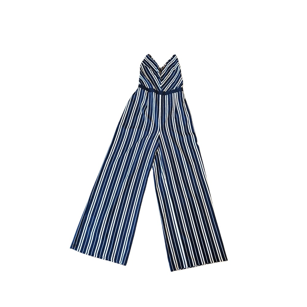 Favlux Fashion Navy Blue White Striped Wide Leg Jumpsuit Lace Up Back Small